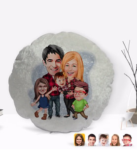 BK Gift Kişiye Özel Tesettürlü Aile Karikatürlü Yuvarlak Dekoratif Kırlent Yastık-5