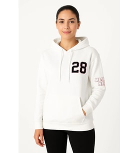 Kadın Kapüşonlu Kanguru Cepli Sweatshirt 3 İplik Pamuklu Baskılı Hoodie - Beyaz