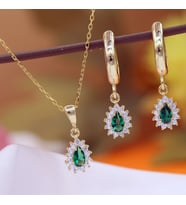 Yeşil Beyaz Taşlı Minimal Anturaj Damla Gümüş Kolye Küpe Takım