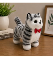 Sesli Hareketli Yürüyen Peluş Kedi Oyuncak Kırmızı Fiyonklu Sevimli Peluş Kedi 20x18 Cm Çocuk Hediye