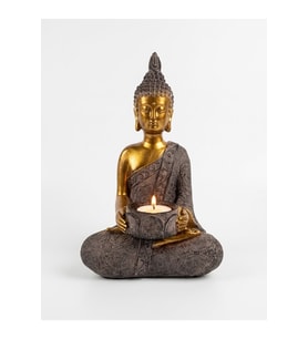 Kişiye Özel Buda Heykeli Mumluk Altın Gri Reçine Tealight Mum Tutuculu Dekoratif Meditasyon Biblosu 26 cm