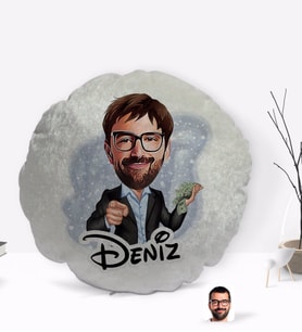 BK Gift Kişiye Özel İsimli Erkek Milyoner Karikatürlü Yuvarlak Dekoratif Kırlent Yastık-1