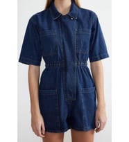 Kadın Moda Standart Kol Boru Paça Dik Yaka Düz Desen Kısa Beli Lastikli Denim Şort Tulum (Koyu Mavi)