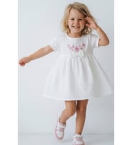 Breeze Kız Çocuk Elbise Çiçek Nakışlı Koılları Lastikli Fiyonk Aksesuarlı 1-4 Yaş, Ekru