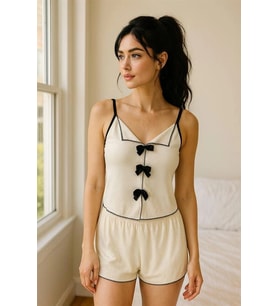 Amora Secret Siyah Kurdelalı Fitilli Askılı Şortlu Pijama Takımı