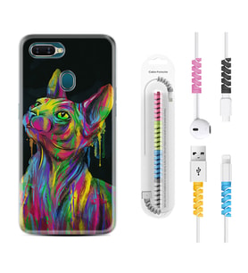 Oppo A5S A15 A16 A54 A55 A73 A74 Kılıf Kablo Koruma Spiral Silikon Color Cat 1754
