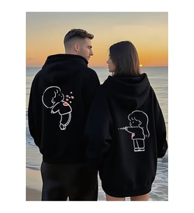 Sevgili Çift Kombin Hoodie 2’li Set–Unisex Oversize Kapüşonlu Hoodie, Sevimli Figür Baskılı, 3 İplik (Siyah)