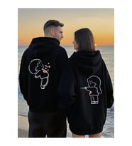 Sevgili Çift Kombin Hoodie 2’li Set–Unisex Oversize Kapüşonlu Hoodie, Sevimli Figür Baskılı, 3 İplik (Siyah)