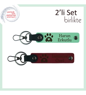 Evcil Hayvanına Özel Hatıra, Kalpli Pati Figürlü Anahtarlık Seti, İsim Yazılabilir, A Yeşil-Bordo