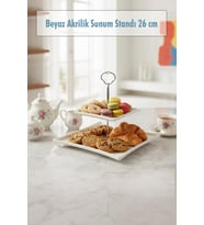 2 Katlı Beyaz Akrilik Meyvelik & Kurabiyelik & Sunum Standı - 26 cm