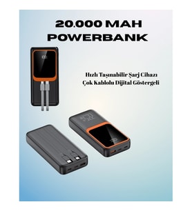 Mey İthalat® 20000 mAh Powerbank Çok Kablolu, Dijital Göstergeli, Yüksek Hızlı Şarj Cihazı