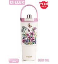 DILLER Tumbler 880 ML Tek Kapak Çift Kullanım Pipetli/Pipetsiz Taşıma Kulplu Çelik Termos-FFD9505-880ml