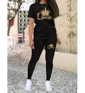 Kadın Kısa Kollu Queen Baskı Viskon Ikili Takım (Siyah)