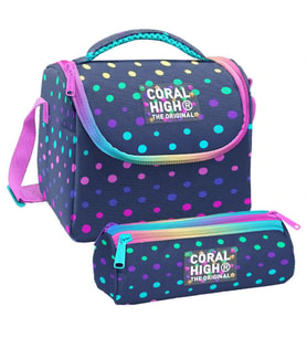 Coral High Kız Çocuk Puantiyeli Lacivert Thermo Beslenme Çantası ve Üç Bölmeli Kalemlik Seti