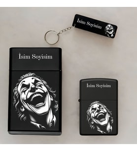 Joker Desenli Kişiye Özel İsimli Çakmak,Metal Tabaka ve Anahtarlık Seti - 3'lü Hediye Set SMP28