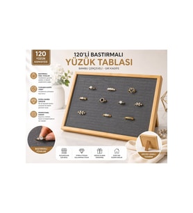 120'li Bastırmalı Yüzük Tablası, Bambu Çerçeveli, Gri Kadife 25x35cm