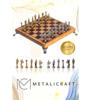 MC102 Satranç Takımı 25x25cm - Bizans Figürlü Metal Taşlar – Gerçek Ağaç Tahta – El Yapımı – Hediyelik