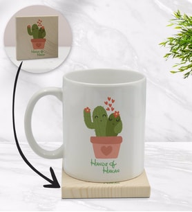 BK Gift Kişiye Özel Kaktüs Tasarımlı Beyaz Kupa Bardak ve Ahşap Bardak Altlığı Hediye Seti - Model 11