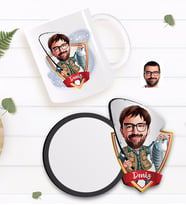 BK Gift Kişiye Özel Erkek Balıkçı Karikatürlü Beyaz Kupa ve Ahşap Bardak Altlığı Hediye Seti-1
