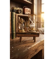 Nostaljik Gaz Lambası Tasarımlı Biblo ve Kum Saati - Masif Ahşap Kaideli Hediyelik (Gold)