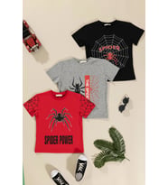 3'lü Spider Baskılı Siyah Kırmızı Gri Tshirt