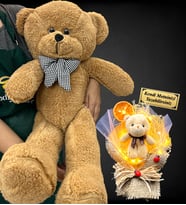 Kişiye Özel Led Işıklı İsimli Ayıcık Buketi ve Büyük Boy 80cm Kahverengi Peluş Ayıcık (Model 5)