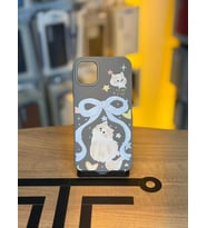 iPhone 11 Uyumlu Özel Tasarım Sevimli Figürlü Deri Dokulu Telefon Kılıfı (Koyu Gri)