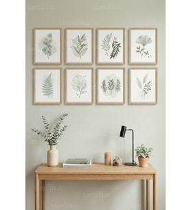 8 Parça Soft Yeşil Botanik Minimal Dekoratif Çerçeve Görünümlü Tablo Seti - Bitki ve çiçek Tema