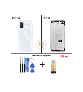 Oppo A72 Beyaz Uyumlu Lensli Orta Kasa + Yapıştırıcı ve Vida Seti Full Kasa Kapak Gövde Housing