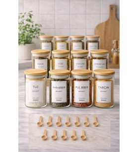 12'li Bambu Vakum Kapak Cam Baharatlık Seti 300 ml 12 Adet Ahşap Kaşık