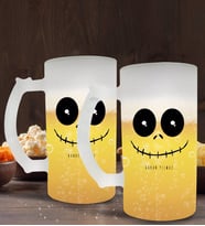 BK Gift Kişiye Özel Sevimli Korkunç Yüz Tasarımlı 2’li Buzlu Cam Bira Bardağı 50cl-1 (Beyaz)