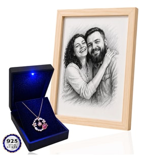 Işıklı Kutuda 925 Ayar Gümüş 100 Dilde Seni Seviyorum Rose Kolye ve Kişiye Özel Karakalem Fotoğraflı Çerçeve