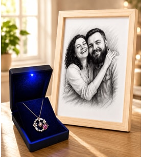 Işıklı Kutuda 925 Ayar Gümüş 100 Dilde Seni Seviyorum Rose Kolye ve Kişiye Özel Karakalem Fotoğraflı Çerçeve
