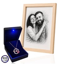 Işıklı Kutuda 925 Ayar Gümüş 100 Dilde Seni Seviyorum Rose Kolye ve Kişiye Özel Karakalem Fotoğraflı Çerçeve