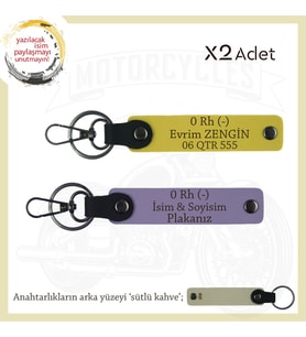 Hız Tutkunlarına Özel, İsim Plaka ve 0 Rh (-) Kan Grubu Yazılı Deri x2' li Anahtarlık, Mor-Sarı-SK (Çok Renkli)