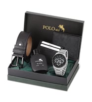 Polo Air Erkek Kol Saati Cüzdan Kemer Kartlık Parfüm Kombin Set Gümüş Siyah Renk PL-0990E3 (Gümüş-Siyah)