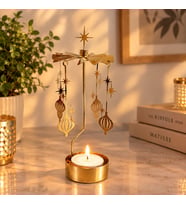 Altın Renk Dönen Yıldız ve Yılbaşı Süsü Figürlü Mumluk – Isıyla Dönen Dekoratif Tealight Mumluk