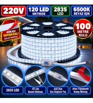 100 Metre 220V 8mm 2835 120 Led 6500K Beyaz Işık Arkası Yapışkanlı Hortum Led IP65 Güç Kablosu Dahil