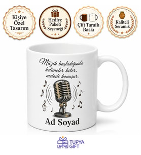 İsimli Mikrofon Desenli Özel Baskılı Kupa Bardak Müzik Hediye