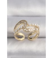 Pirinç Gold Renk Zirkon Taşlı İnci Detay VIP Seri Kadın Yüzük (Karışık)