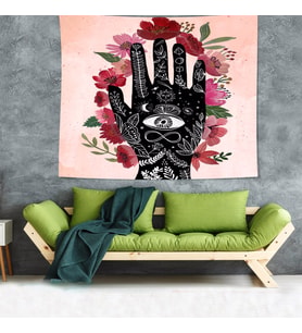 El Dövme Hint Kınası Çiçek Desen Leke Tutmaz Kadife Dokulu Kumaş Duvar Örtüsü Duvar Halısı Tapestry (Pembe)