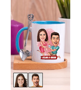 Sevgiliye Hediye Benimle Evlenir Misin  Karikatürlü Ahşap Altlıklı Mavi Kupa Bardak