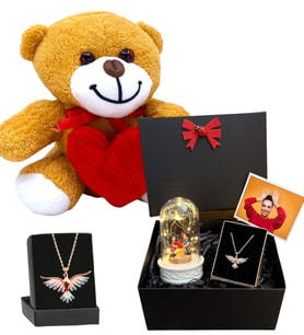 Renkli Zümdürü Anka Kuşu Kolyeli Fotoğraflı Premium Hediye Seti - Kırmızı Peluş Ayıcıklı (Model 7)