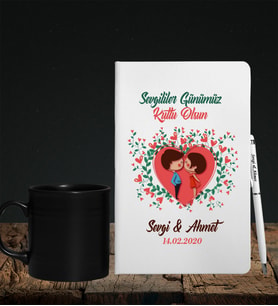 Sevgililer Gününe Özel Defter Kalem & Siyah Varil Kupa Hediye Seti 3
