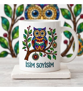 Kişiye Özel İsimli Vitray Tasarımlı Renkli Baykuş Seramik Kupa Bardak