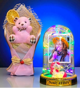 Kişiye Özel İsimli Fotoğraflı Renkli Led Işıklı Fanus ve Pembe Peluş Ayıcık Buketi (Model 10)