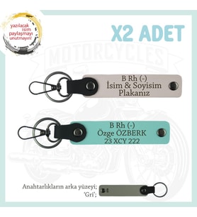 Motorcu Yolculara Özel, İsim Plaka ve B Rh (-) Kan Grubu Yazılı Deri x2 Anahtarlık, Pudra-Turkuaz-Gr (Çok Renkli)