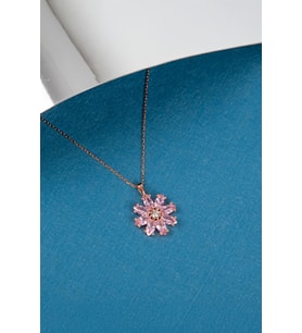 Pembe Zirkon Taşlı 925 Ayar Gümüş Bayan Çiçek Kolye