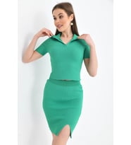 Kadın Polo Yaka Kaşkorse T-Shirt Etek İkil Triko Takım (Yeşil)