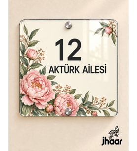 Kişiye Özel Kırık Beyaz Şakayık Desenli Pleksi Kapı İsimliği - İsim ve Kapı Numaralı 20x20 cm